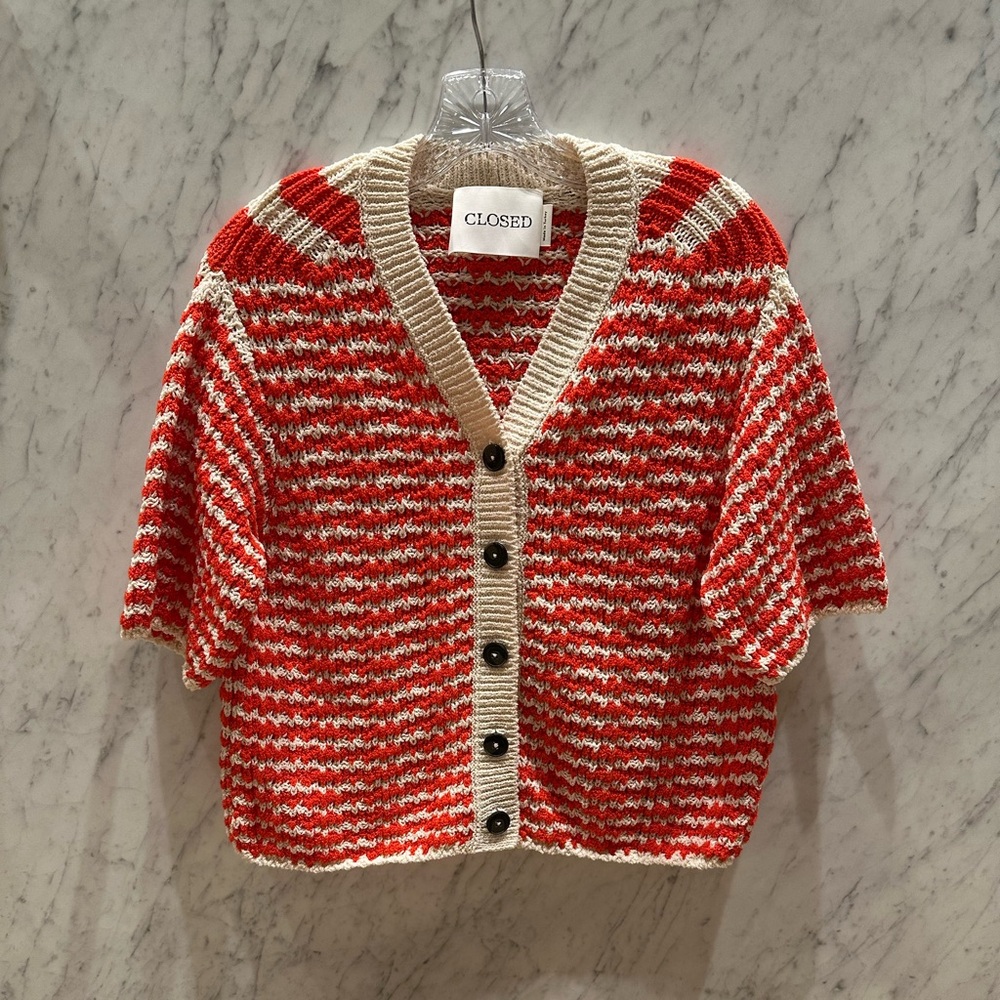 Closed Denim Red and White Knit Cardigan